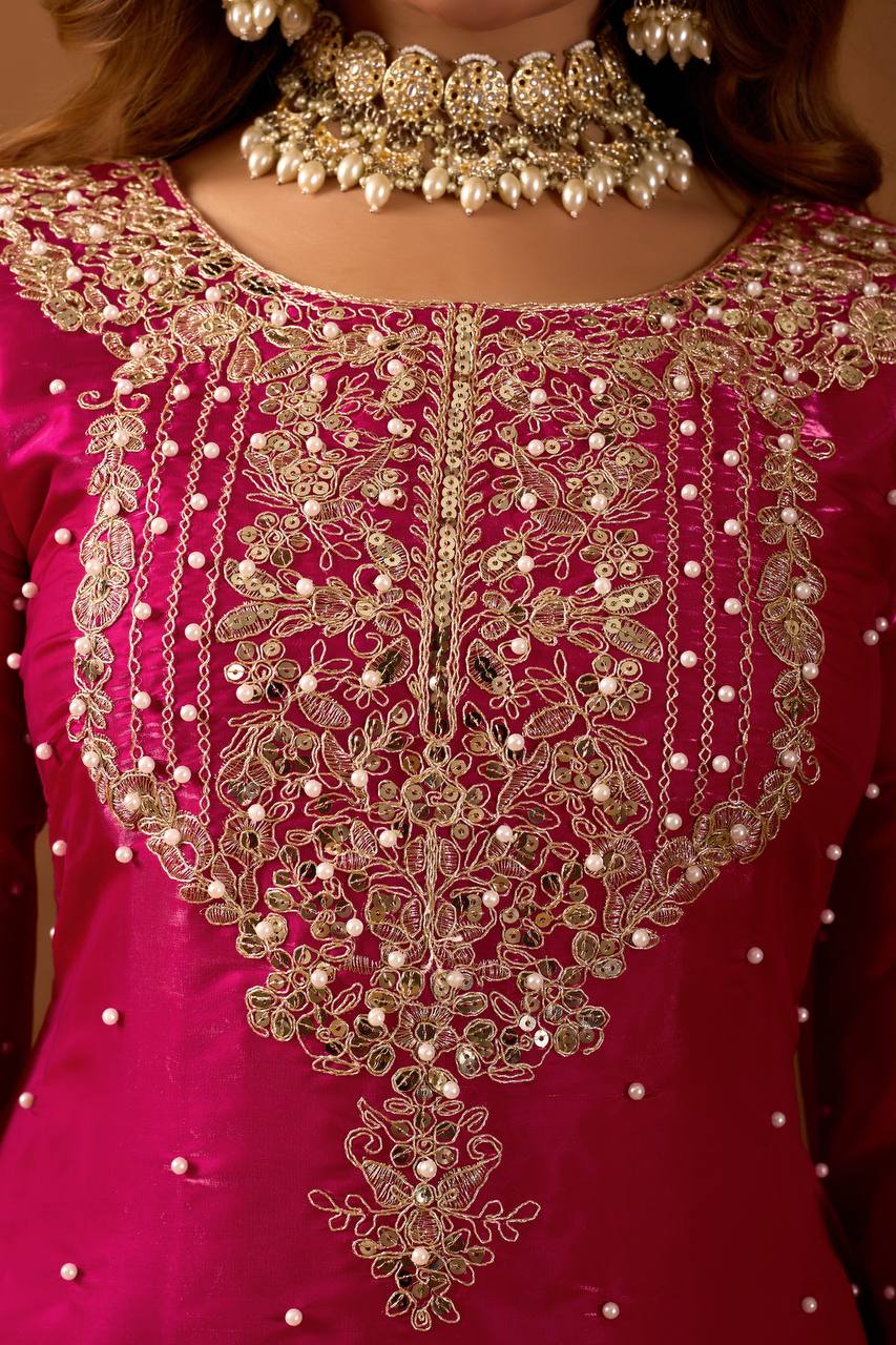 Festive Wear Pink Color Embroidered Top With Palazzo Suit