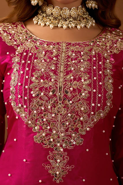 Festive Wear Pink Color Embroidered Top With Palazzo Suit