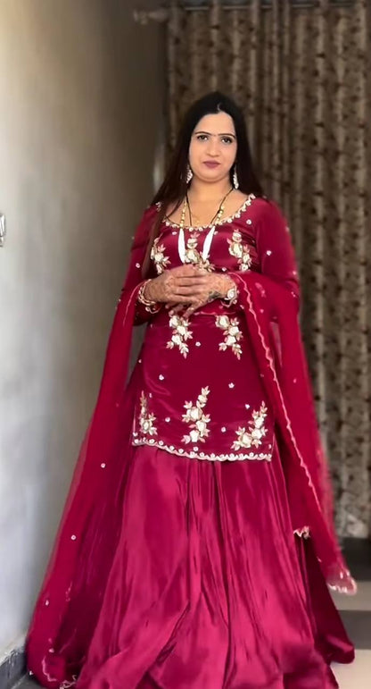 Reception Wear Dark Pink Color Natural Crepe Silk Bids Hand Work With Sequence Work Top With Lehenga