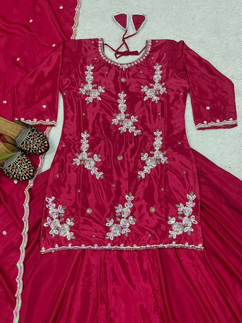 Reception Wear Dark Pink Color Natural Crepe Silk Bids Hand Work With Sequence Work Top With Lehenga