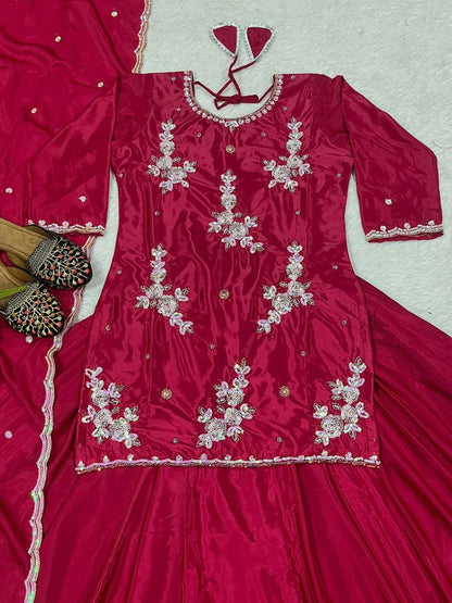 Reception Wear Dark Pink Color Natural Crepe Silk Bids Hand Work With Sequence Work Top With Lehenga
