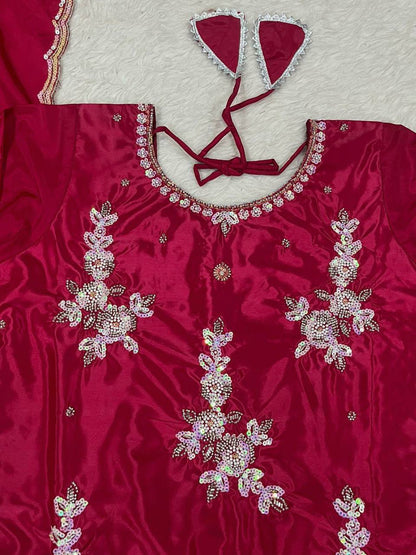 Reception Wear Dark Pink Color Natural Crepe Silk Bids Hand Work With Sequence Work Top With Lehenga