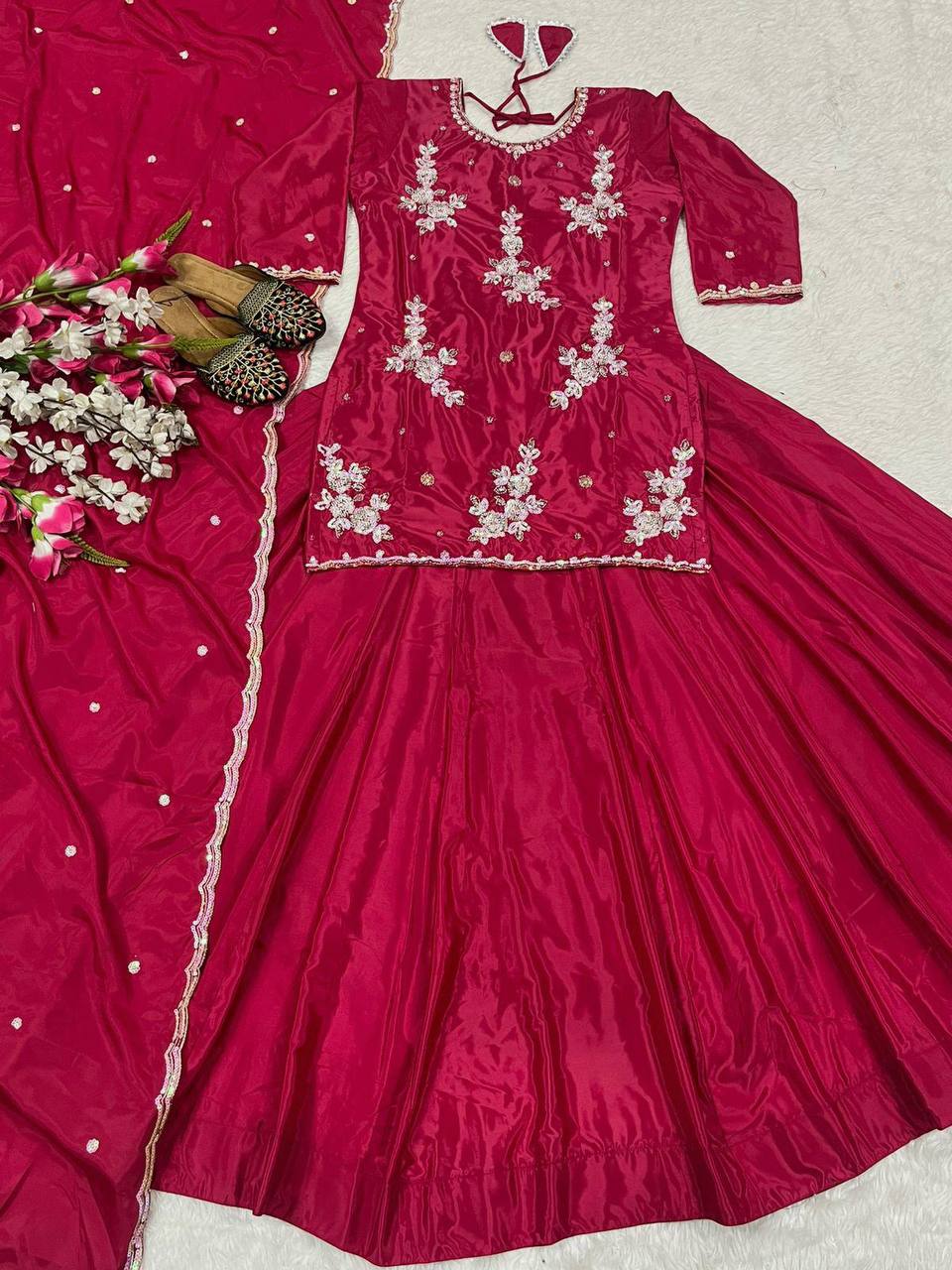 Reception Wear Dark Pink Color Natural Crepe Silk Bids Hand Work With Sequence Work Top With Lehenga
