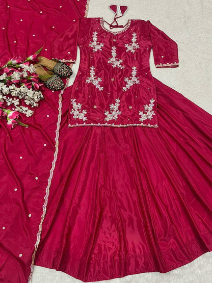 Reception Wear Dark Pink Color Natural Crepe Silk Bids Hand Work With Sequence Work Top With Lehenga