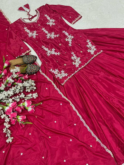 Reception Wear Dark Pink Color Natural Crepe Silk Bids Hand Work With Sequence Work Top With Lehenga
