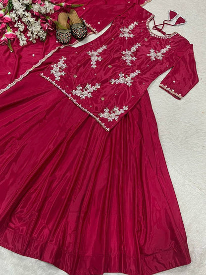 Reception Wear Dark Pink Color Natural Crepe Silk Bids Hand Work With Sequence Work Top With Lehenga