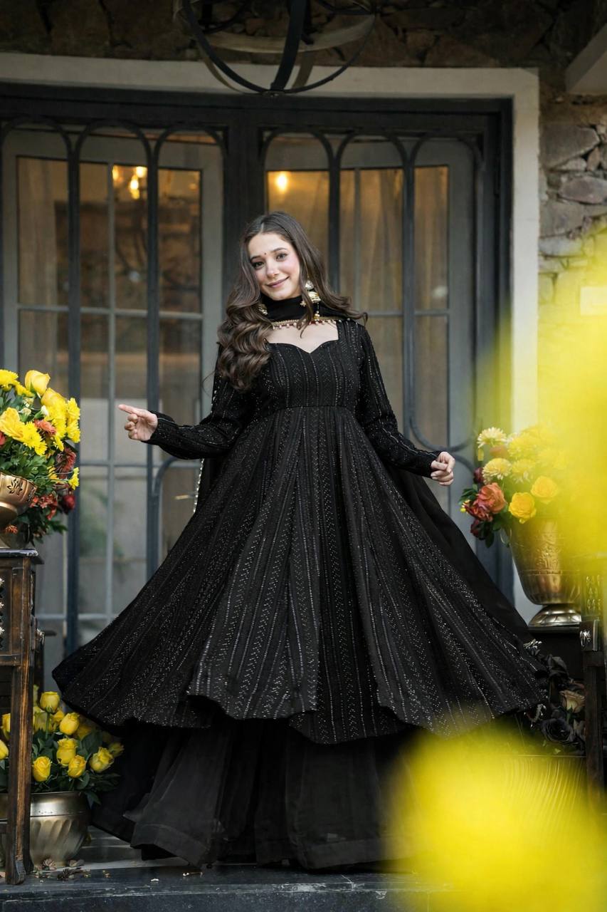 Designer Black Color Faux Blooming Embroidered Sharara Set