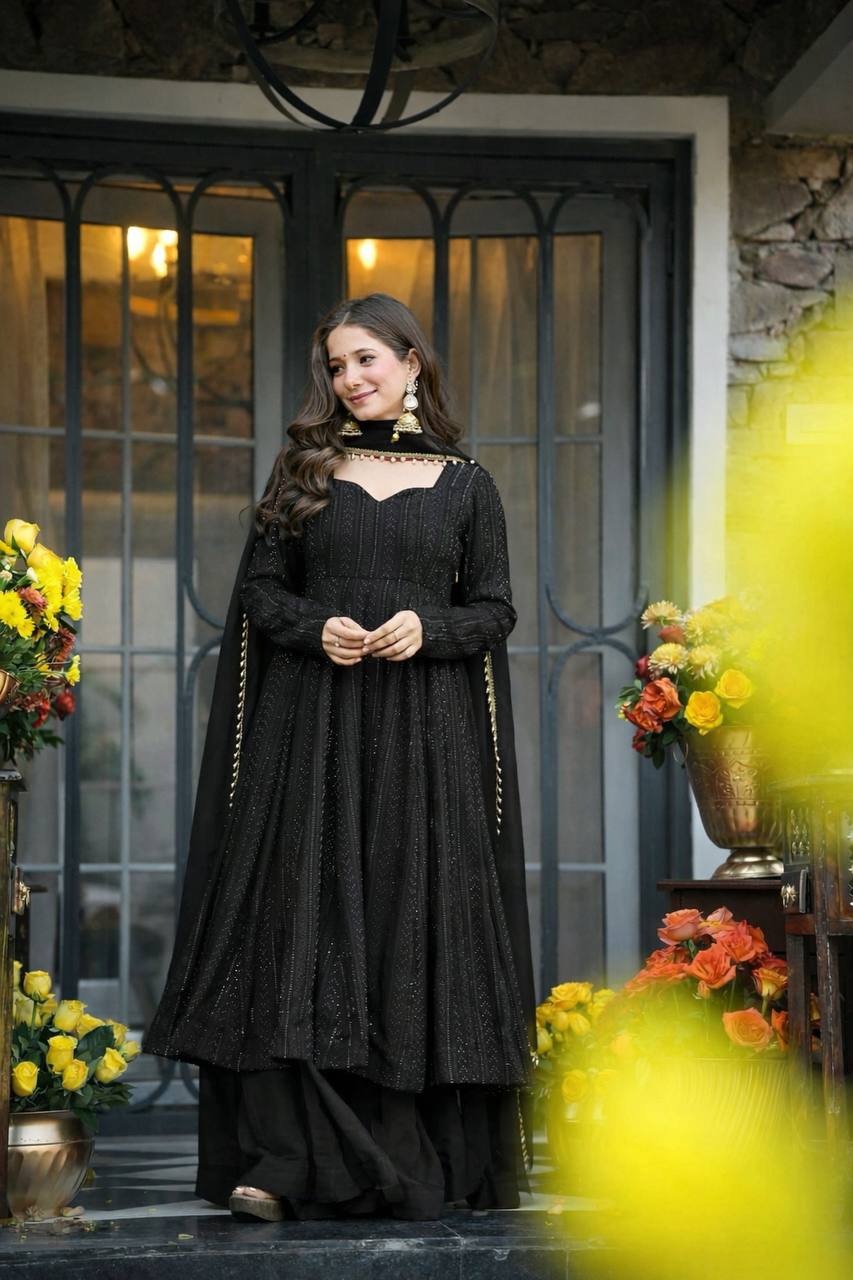 Designer Black Color Faux Blooming Embroidered Sharara Set