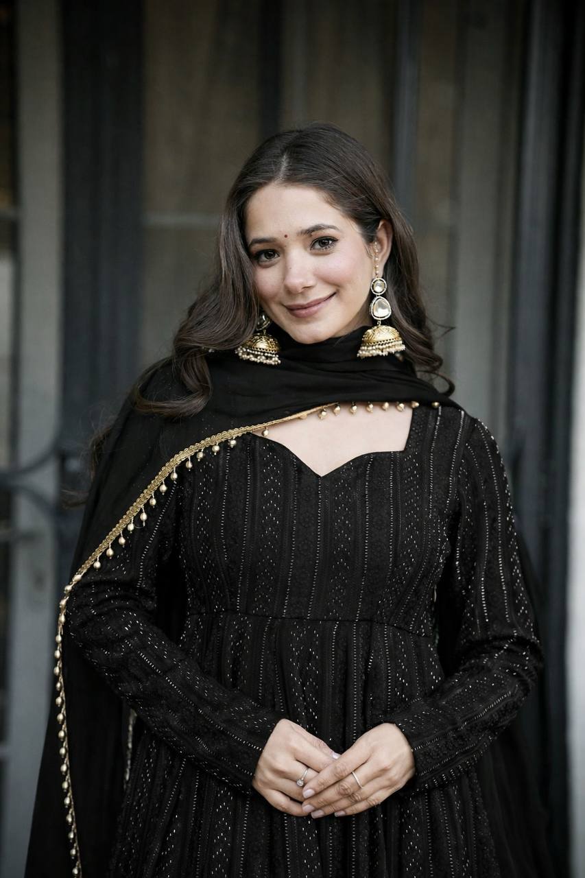 Designer Black Color Faux Blooming Embroidered Sharara Set