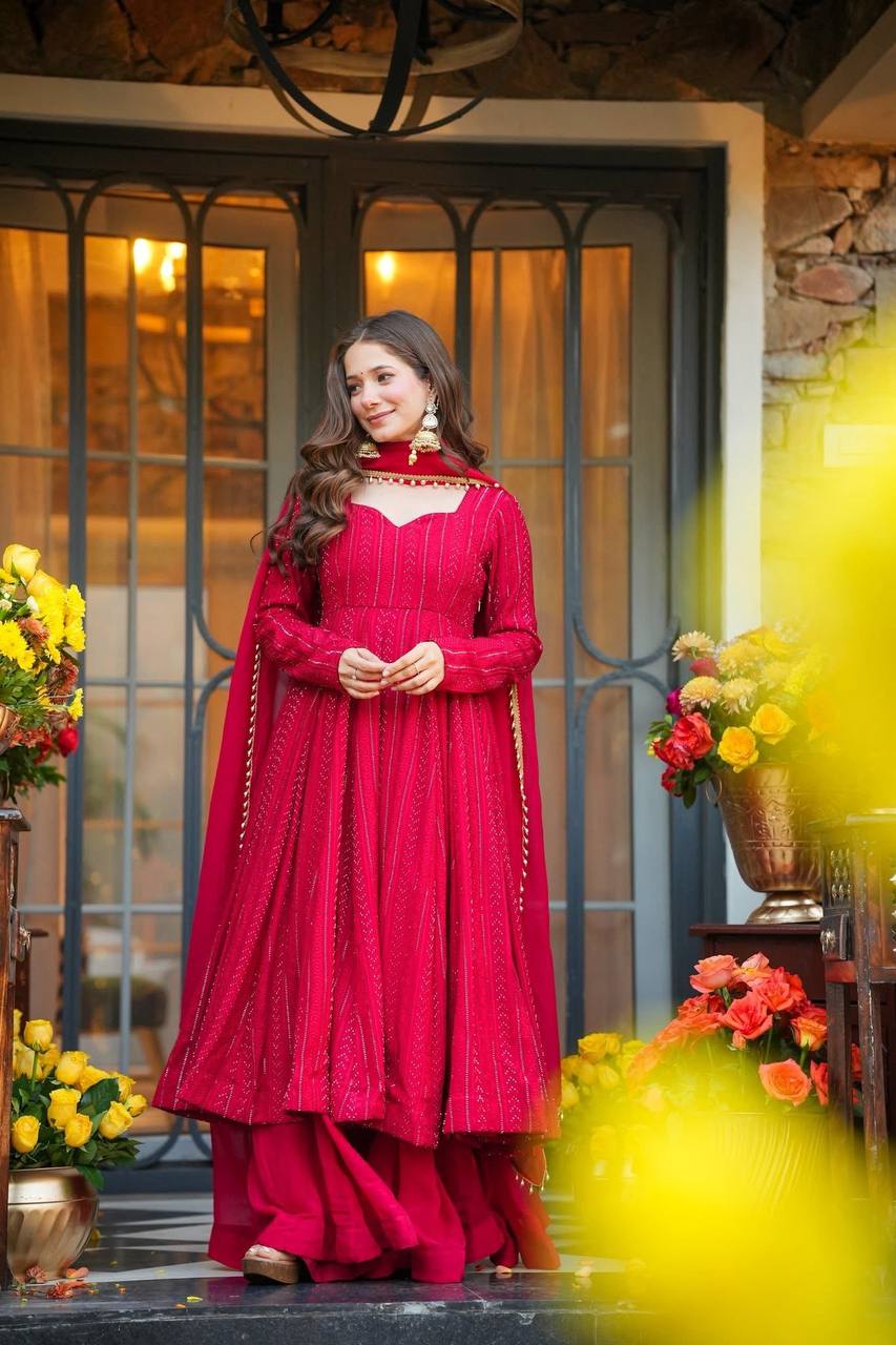 Designer Pink Color Faux Blooming Embroidered Sharara Set