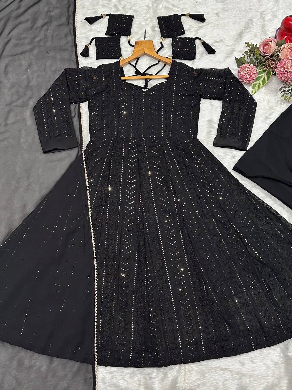 Designer Black Color Faux Blooming Embroidered Sharara Set