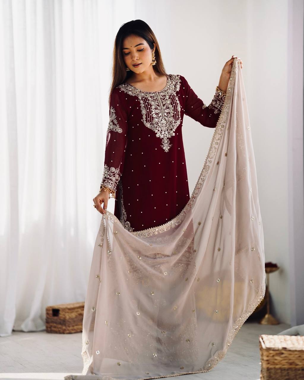Traditional Wear Wine Color Heavy Faux Georgette With Heavy Embroidery Work Palazzo Suit