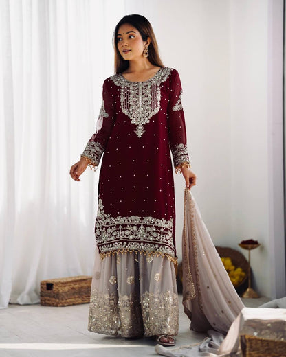 Traditional Wear Wine Color Heavy Faux Georgette With Heavy Embroidery Work Palazzo Suit