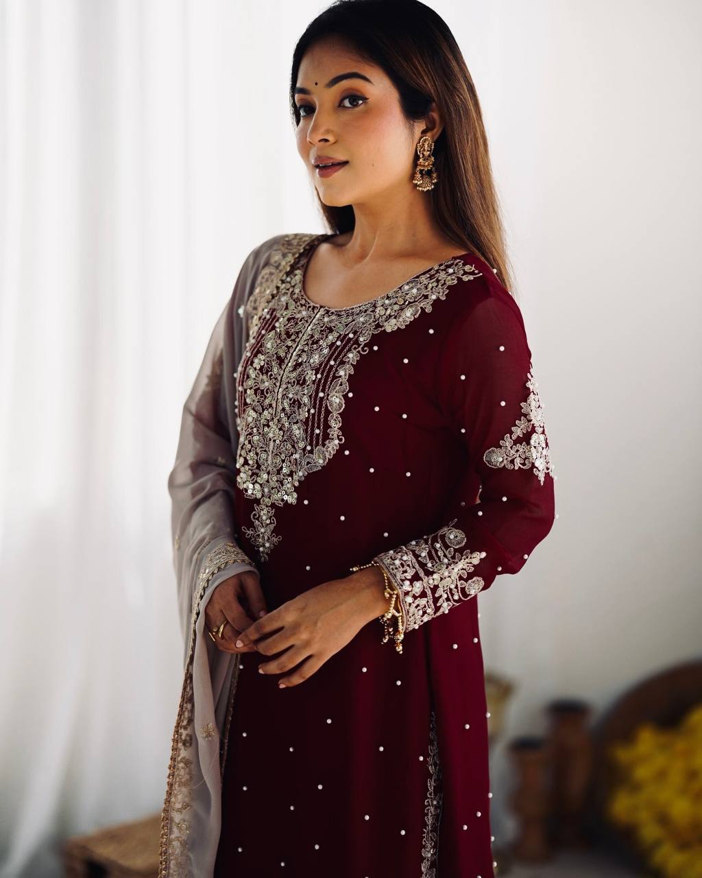 Traditional Wear Wine Color Heavy Faux Georgette With Heavy Embroidery Work Palazzo Suit