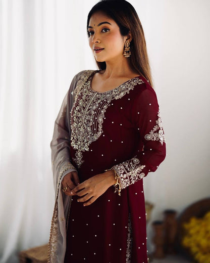 Traditional Wear Wine Color Heavy Faux Georgette With Heavy Embroidery Work Palazzo Suit