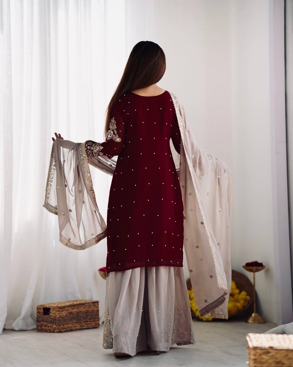 Traditional Wear Wine Color Heavy Faux Georgette With Heavy Embroidery Work Palazzo Suit