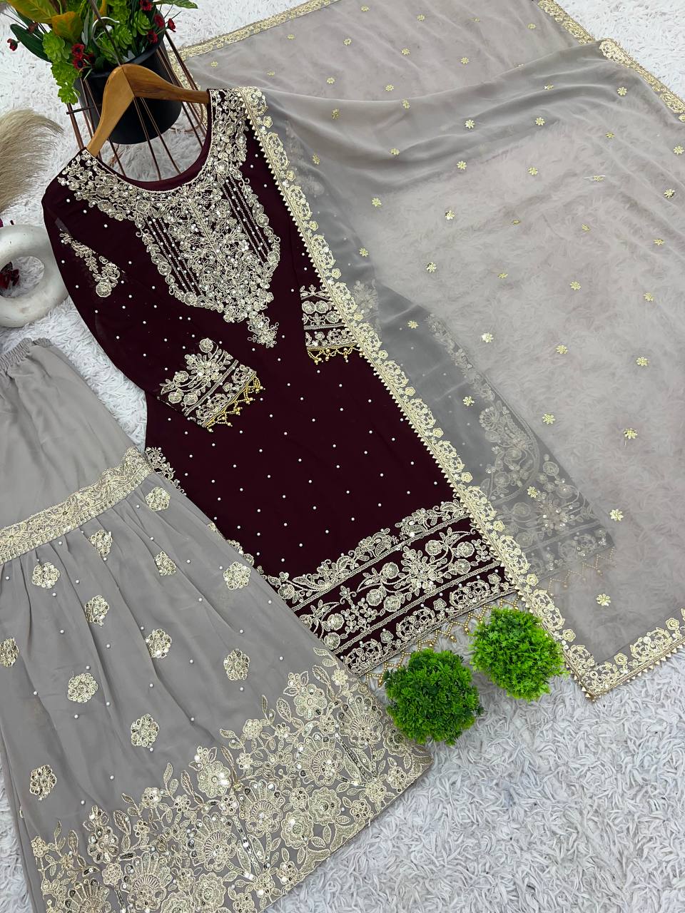 Traditional Wear Wine Color Heavy Faux Georgette With Heavy Embroidery Work Palazzo Suit
