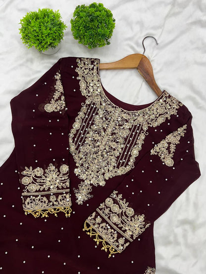 Traditional Wear Wine Color Heavy Faux Georgette With Heavy Embroidery Work Palazzo Suit