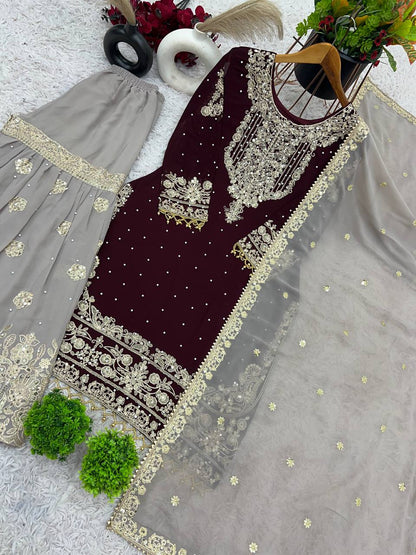 Traditional Wear Wine Color Heavy Faux Georgette With Heavy Embroidery Work Palazzo Suit