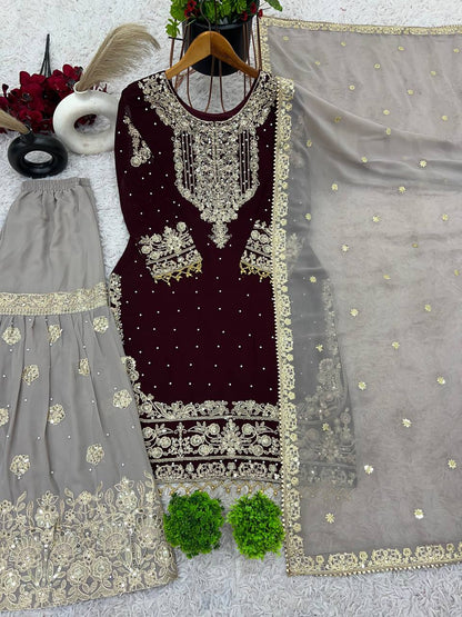 Traditional Wear Wine Color Heavy Faux Georgette With Heavy Embroidery Work Palazzo Suit