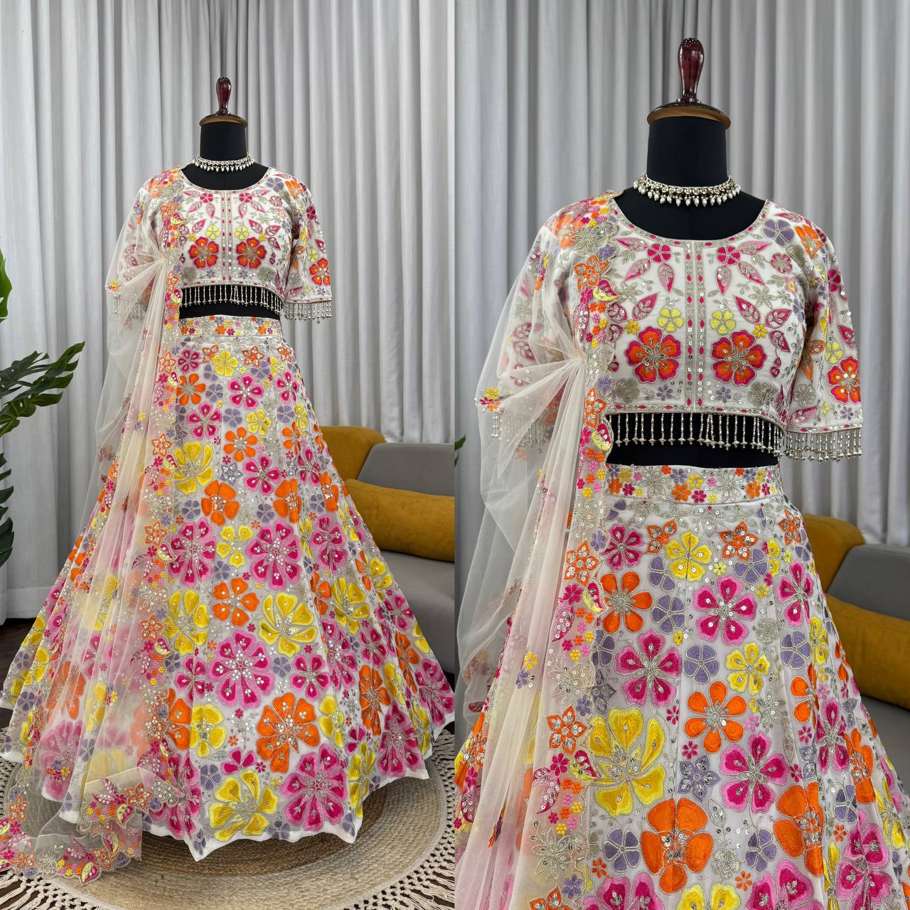 Designer Multi Color Georgette Lehenga Choli With Butterfly Net Dupatta