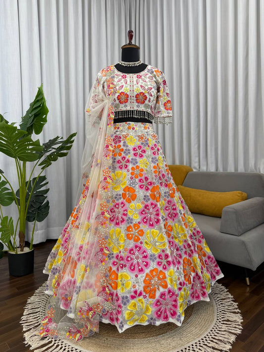 Designer Multi Color Georgette Lehenga Choli With Butterfly Net Dupatta