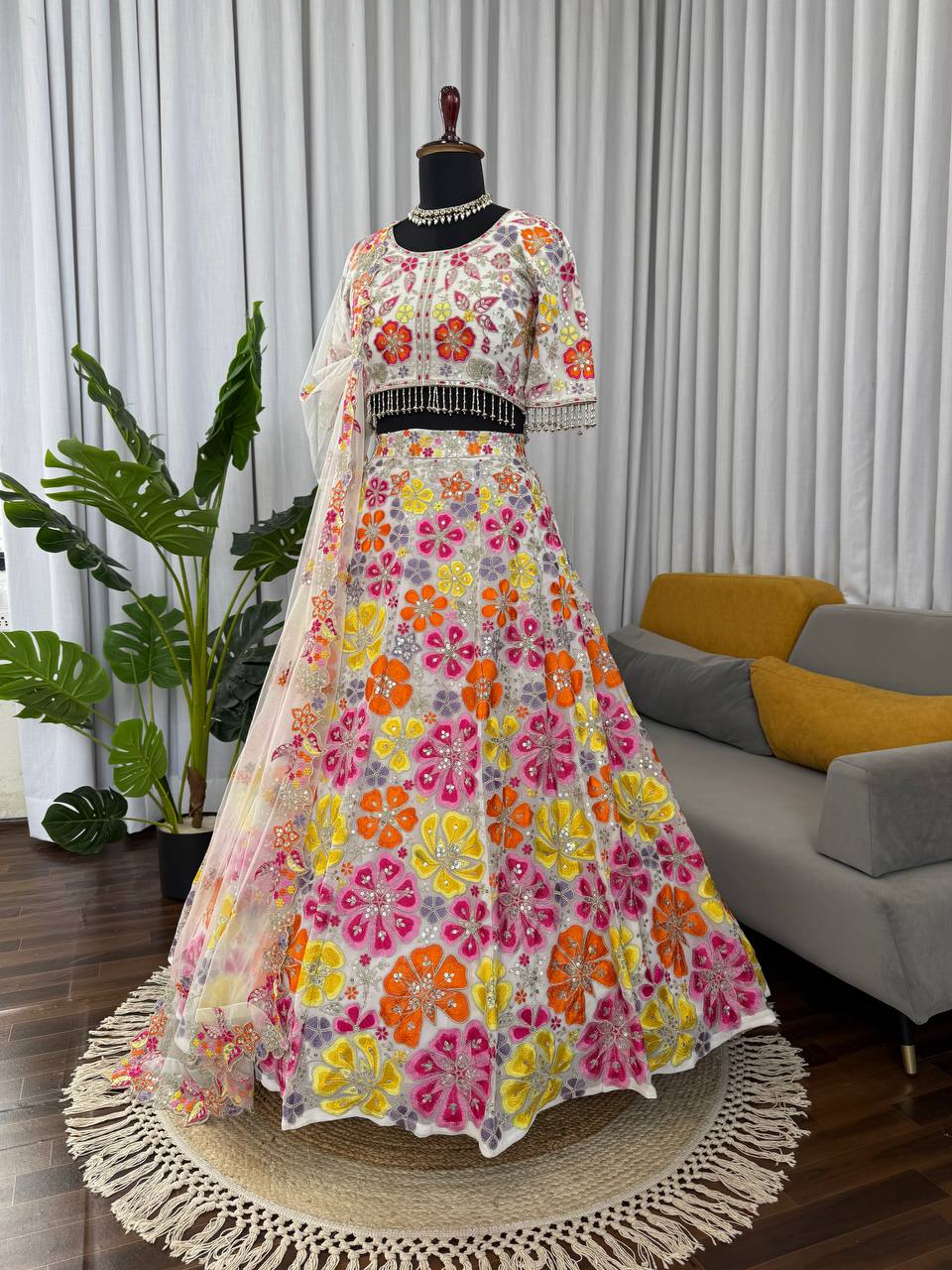 Designer Multi Color Georgette Lehenga Choli With Butterfly Net Dupatta