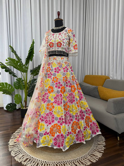 Designer Multi Color Georgette Lehenga Choli With Butterfly Net Dupatta
