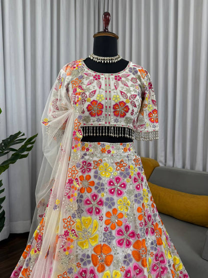 Designer Multi Color Georgette Lehenga Choli With Butterfly Net Dupatta