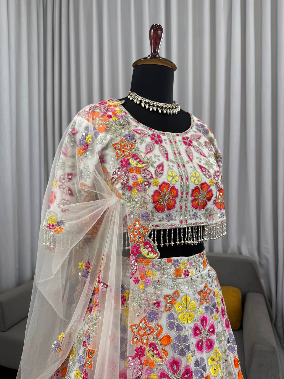 Designer Multi Color Georgette Lehenga Choli With Butterfly Net Dupatta