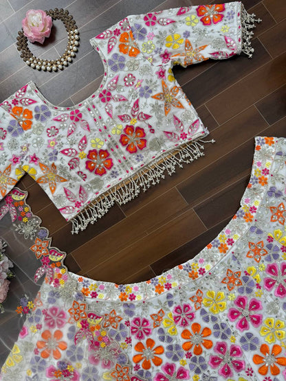 Designer Multi Color Georgette Lehenga Choli With Butterfly Net Dupatta