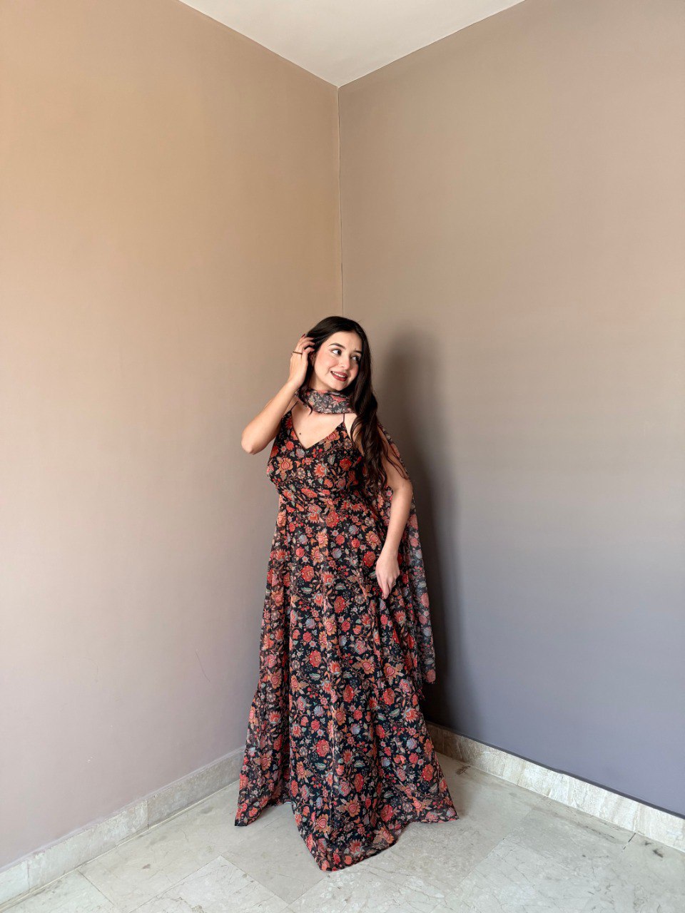 Function Wear Black Color Soft Organza Floral Printed Gown