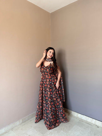 Function Wear Black Color Soft Organza Floral Printed Gown