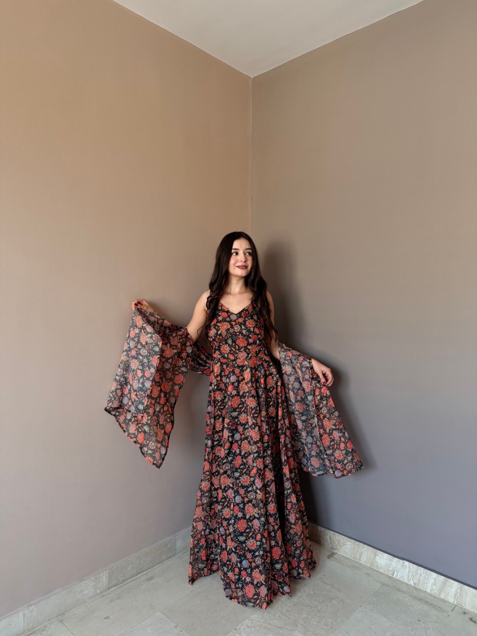 Function Wear Black Color Soft Organza Floral Printed Gown