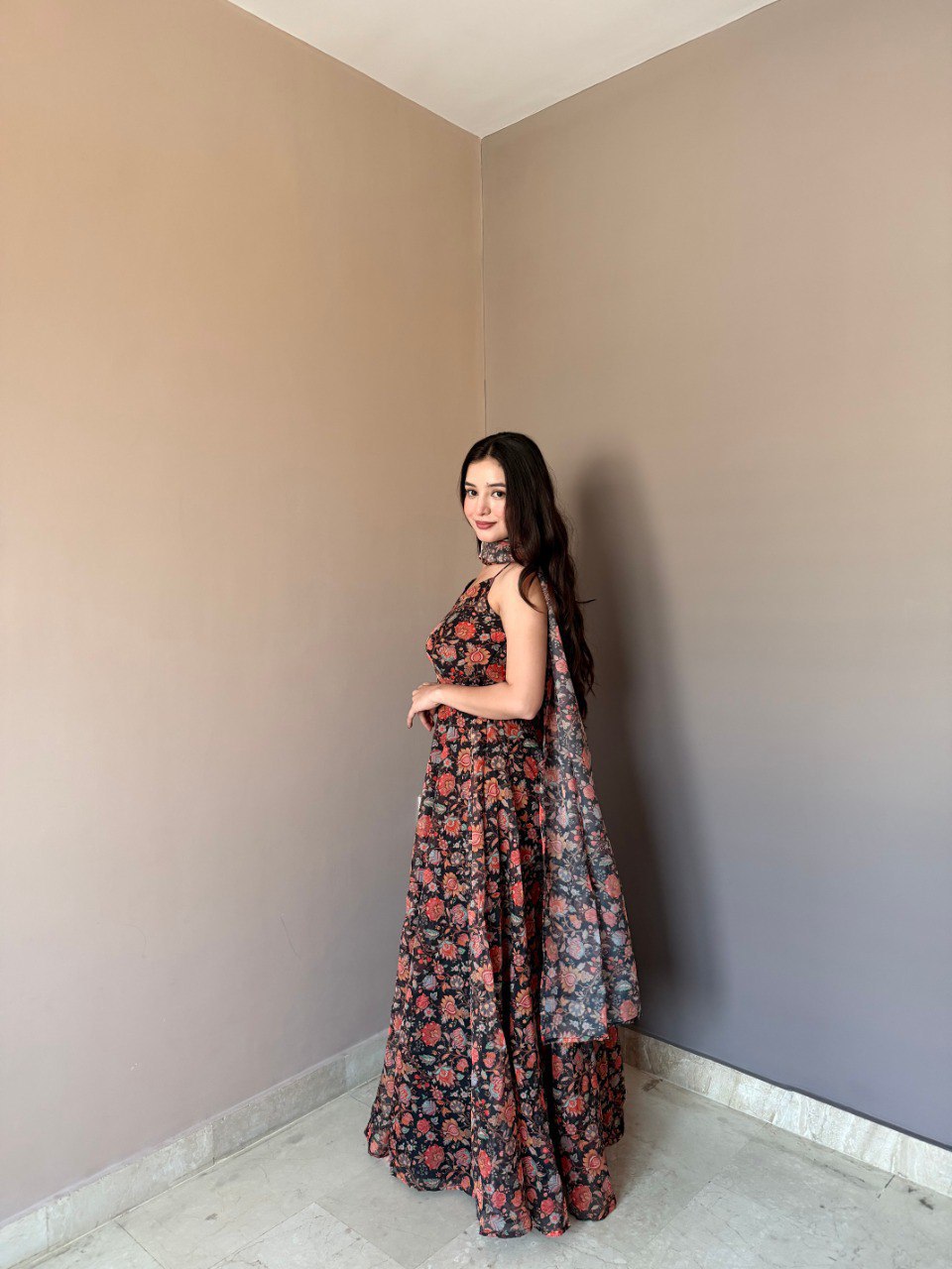 Function Wear Black Color Soft Organza Floral Printed Gown