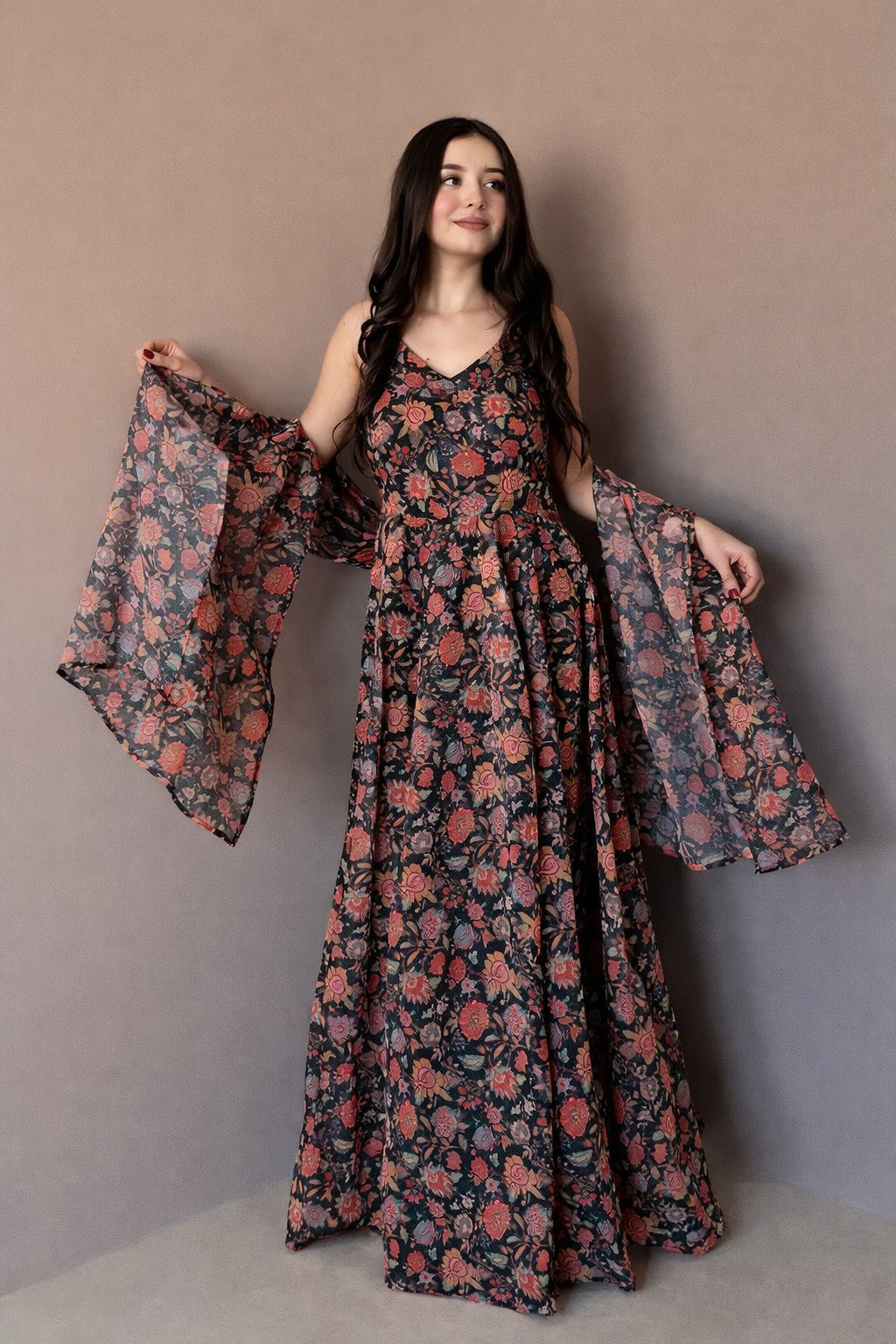 Function Wear Black Color Soft Organza Floral Printed Gown