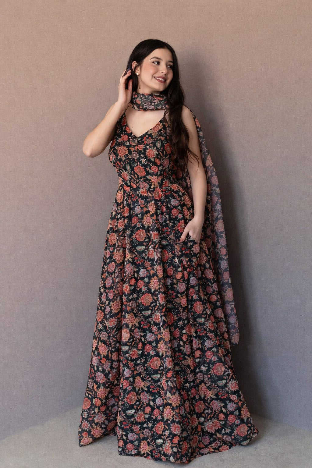 Function Wear Black Color Soft Organza Floral Printed Gown