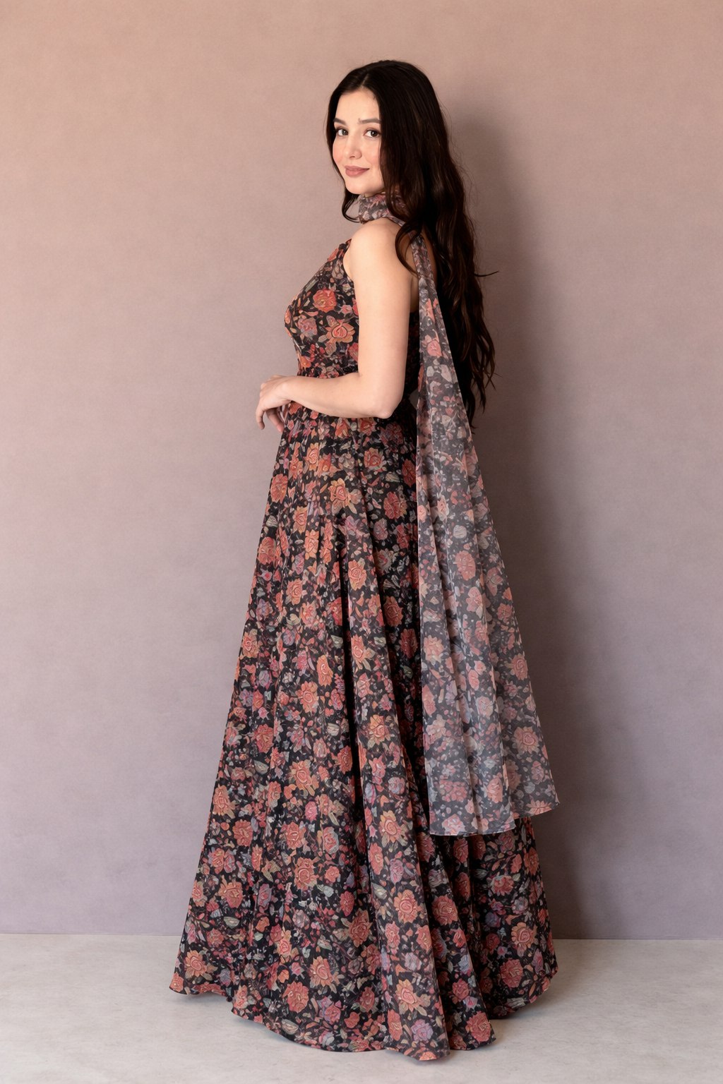 Function Wear Black Color Soft Organza Floral Printed Gown