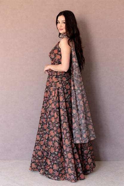 Function Wear Black Color Soft Organza Floral Printed Gown