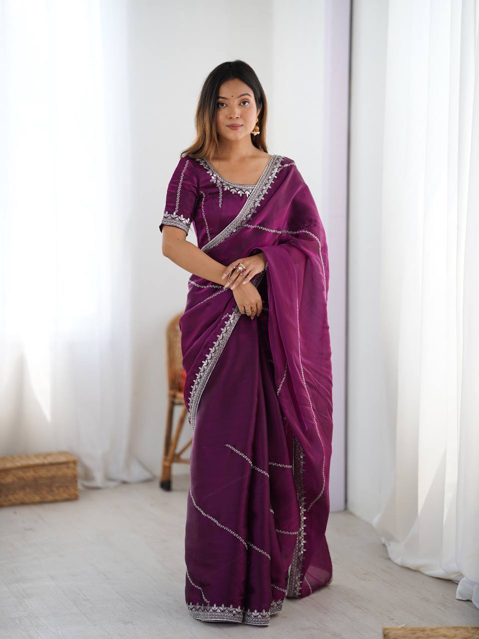 Wedding Wear Wine Color Silk Embroidered Saree