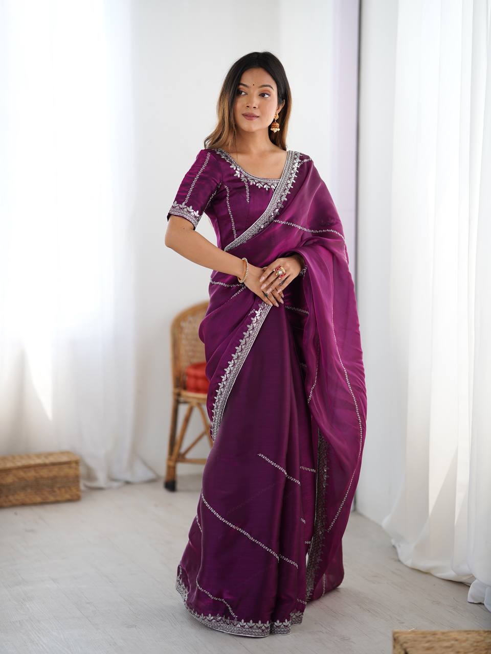 Wedding Wear Wine Color Silk Embroidered Saree