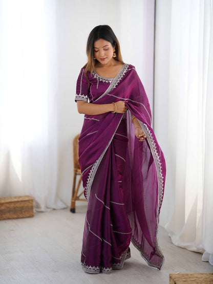 Wedding Wear Wine Color Silk Embroidered Saree