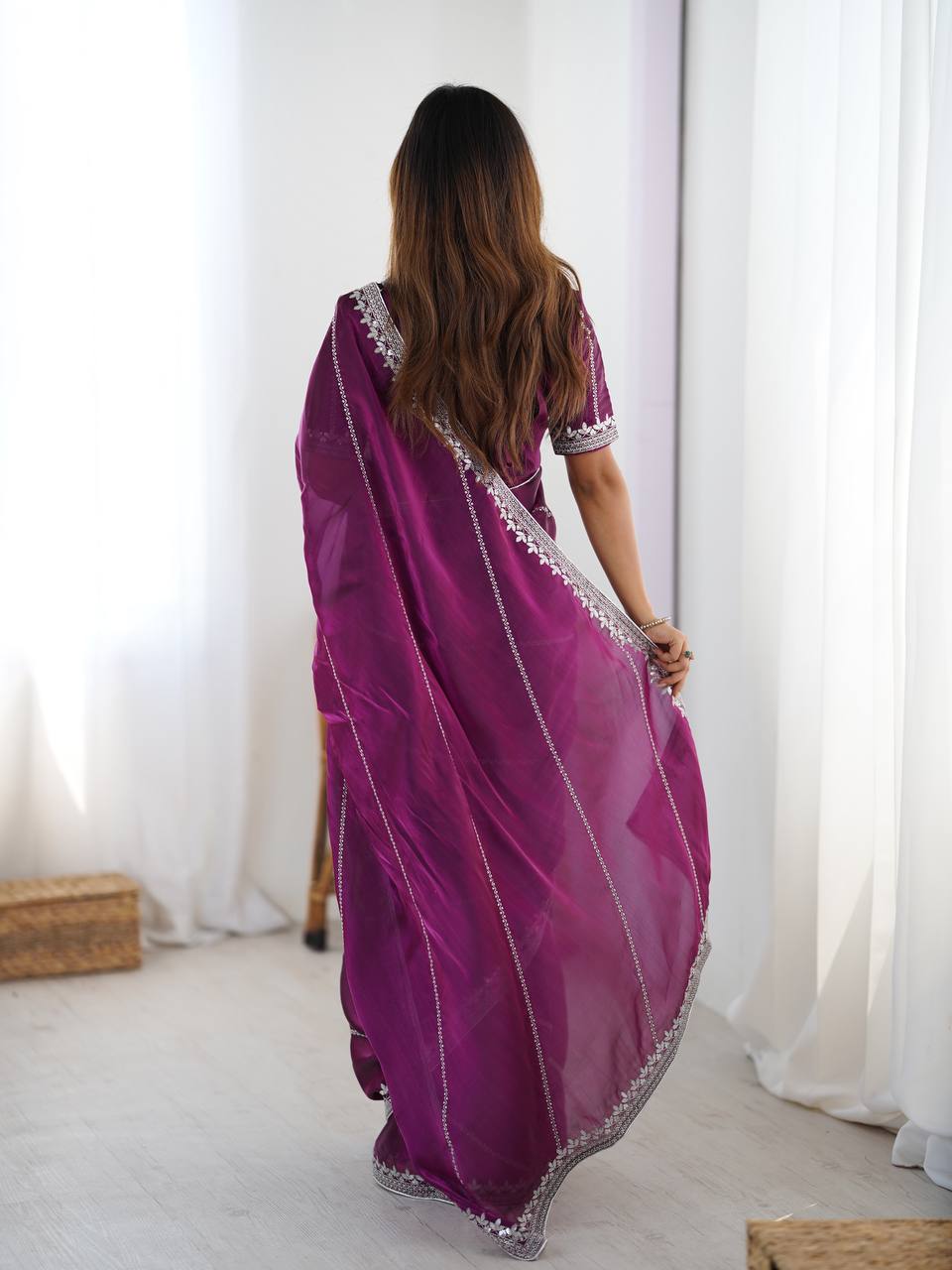 Wedding Wear Wine Color Silk Embroidered Saree