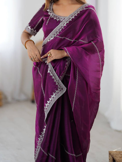 Wedding Wear Wine Color Silk Embroidered Saree