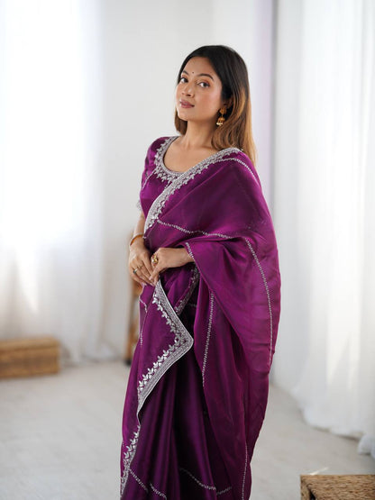 Wedding Wear Wine Color Silk Embroidered Saree