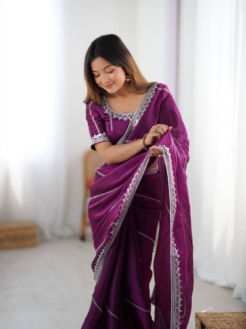 Wedding Wear Wine Color Silk Embroidered Saree