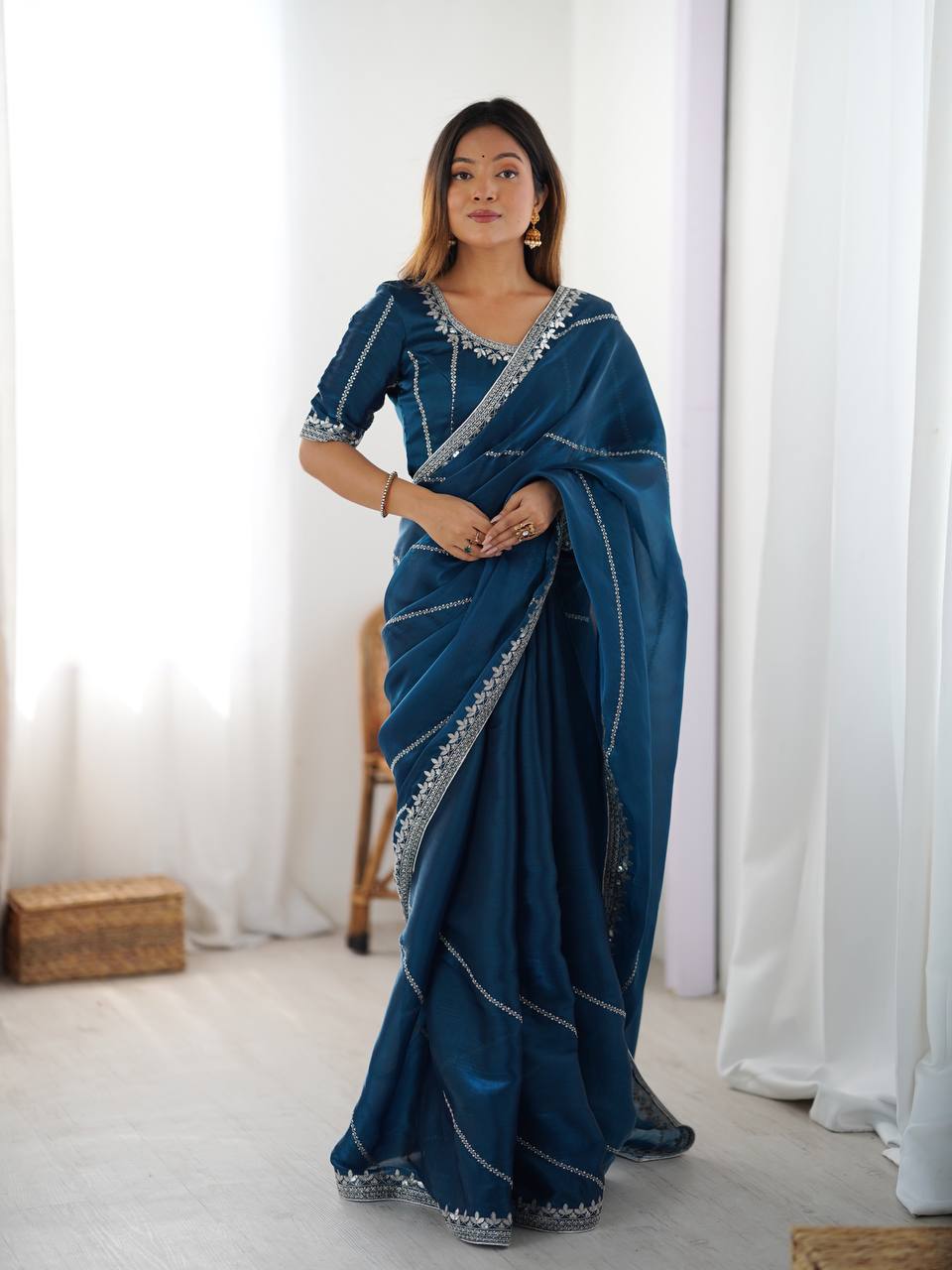 Wedding Wear Teal Color Silk Embroidered Saree