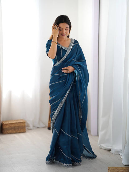 Wedding Wear Teal Color Silk Embroidered Saree