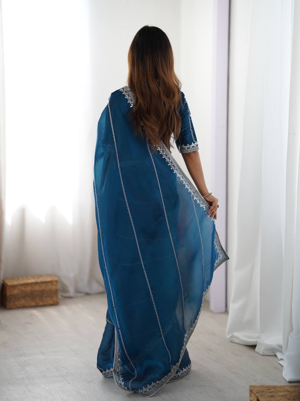 Wedding Wear Teal Color Silk Embroidered Saree