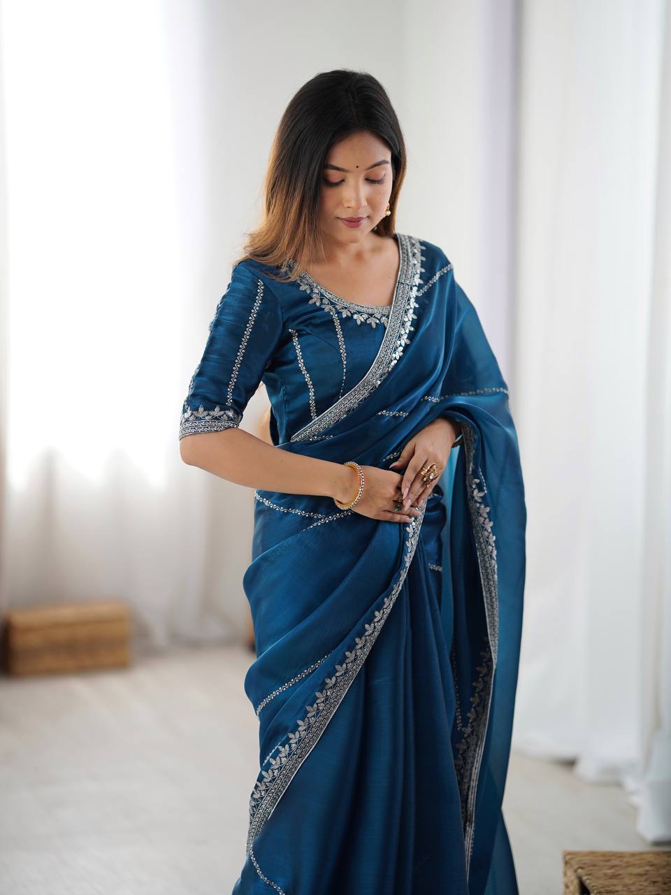Wedding Wear Teal Color Silk Embroidered Saree